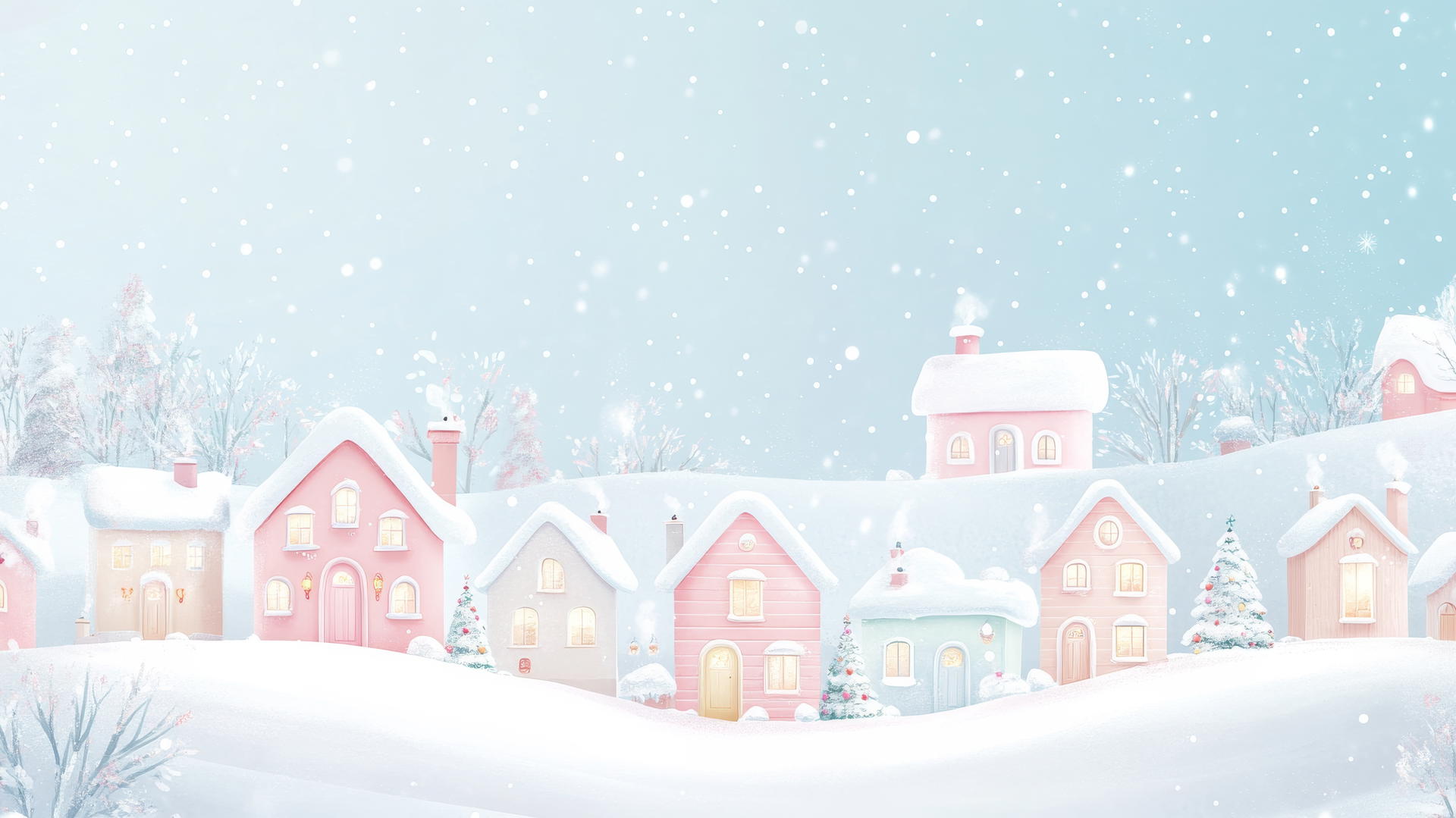 Aesthetic cute wallpapers of pastel-colored winter scene, snow-covered cottages, twinkling lights