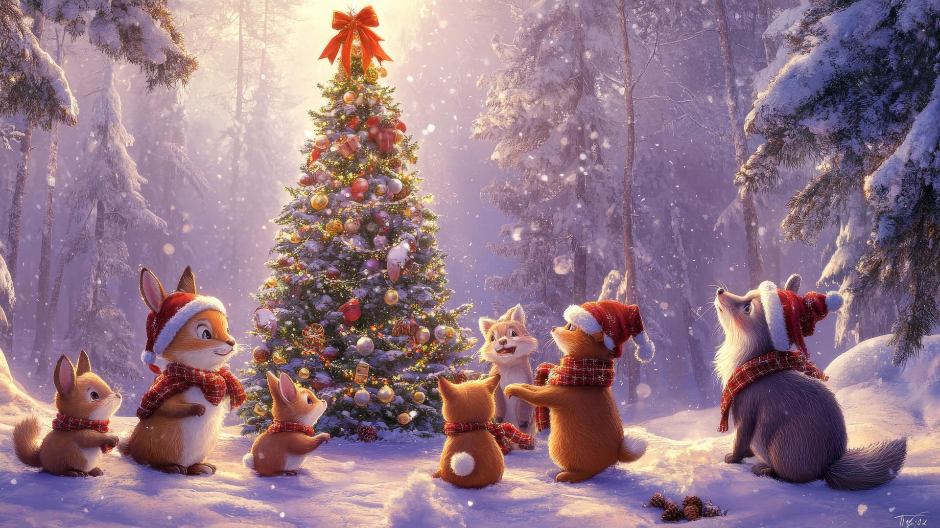 Cute wallpapers for Christmas with woodland animals in festive attire around a decorated tree.