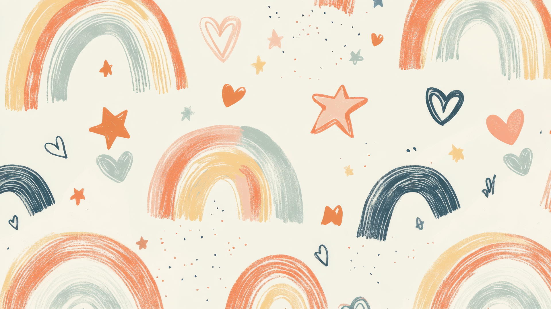 cute wallpapers aesthetic with pastel rainbow arches, stars, and hearts on beige background