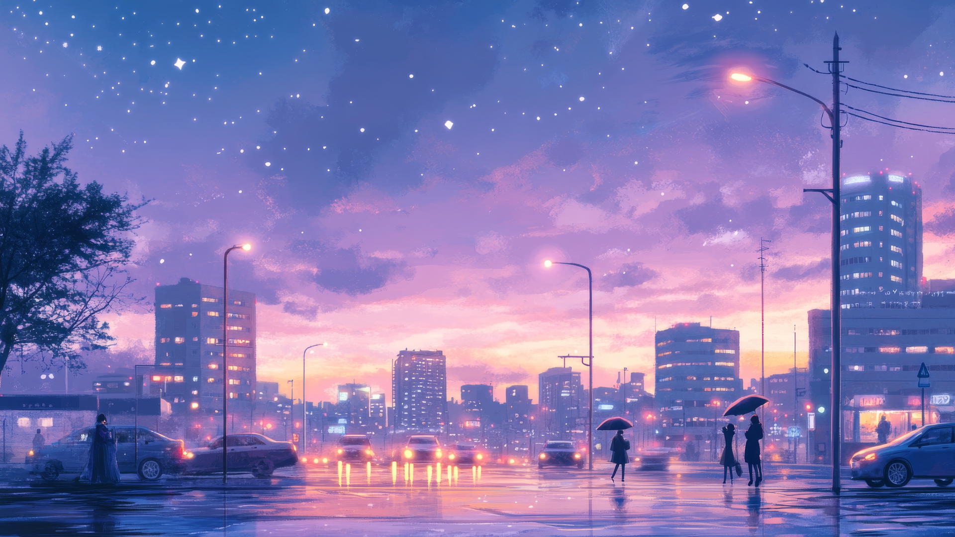 Cute aesthetic wallpapers: pastel cityscape at dusk with glowing windows