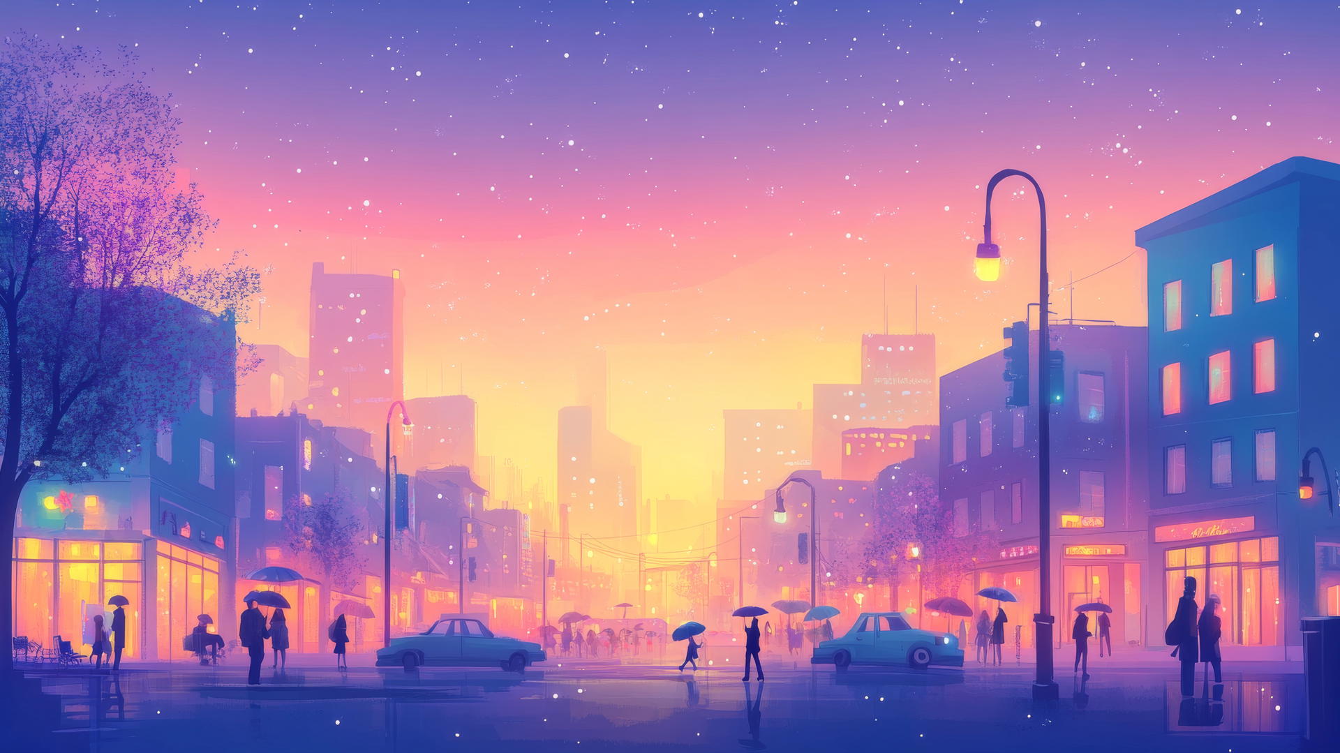 A cute pastel cityscape at dusk with glowing windows, tiny cars, and people with umbrellas