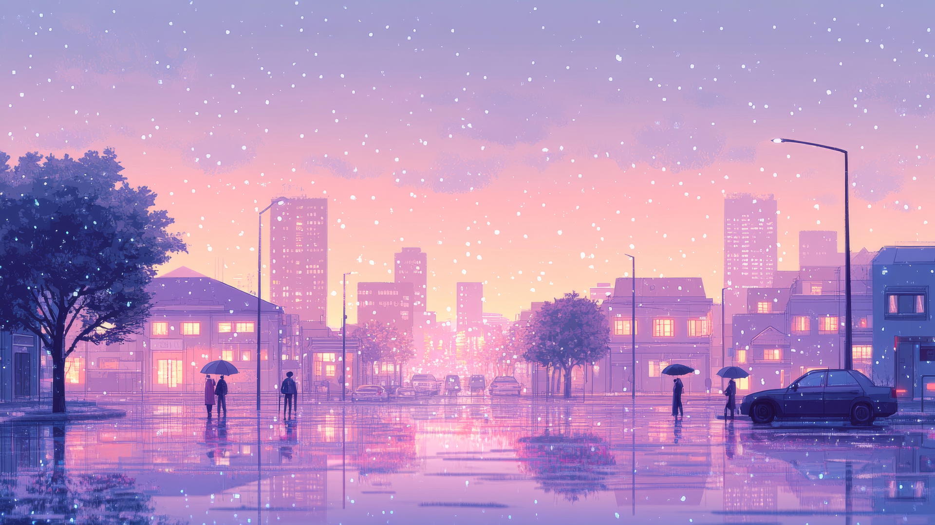 cute aesthetic wallpapers with pastel cityscape at dusk, glowing windows, tiny cars, umbrellas, gradient sky, stars