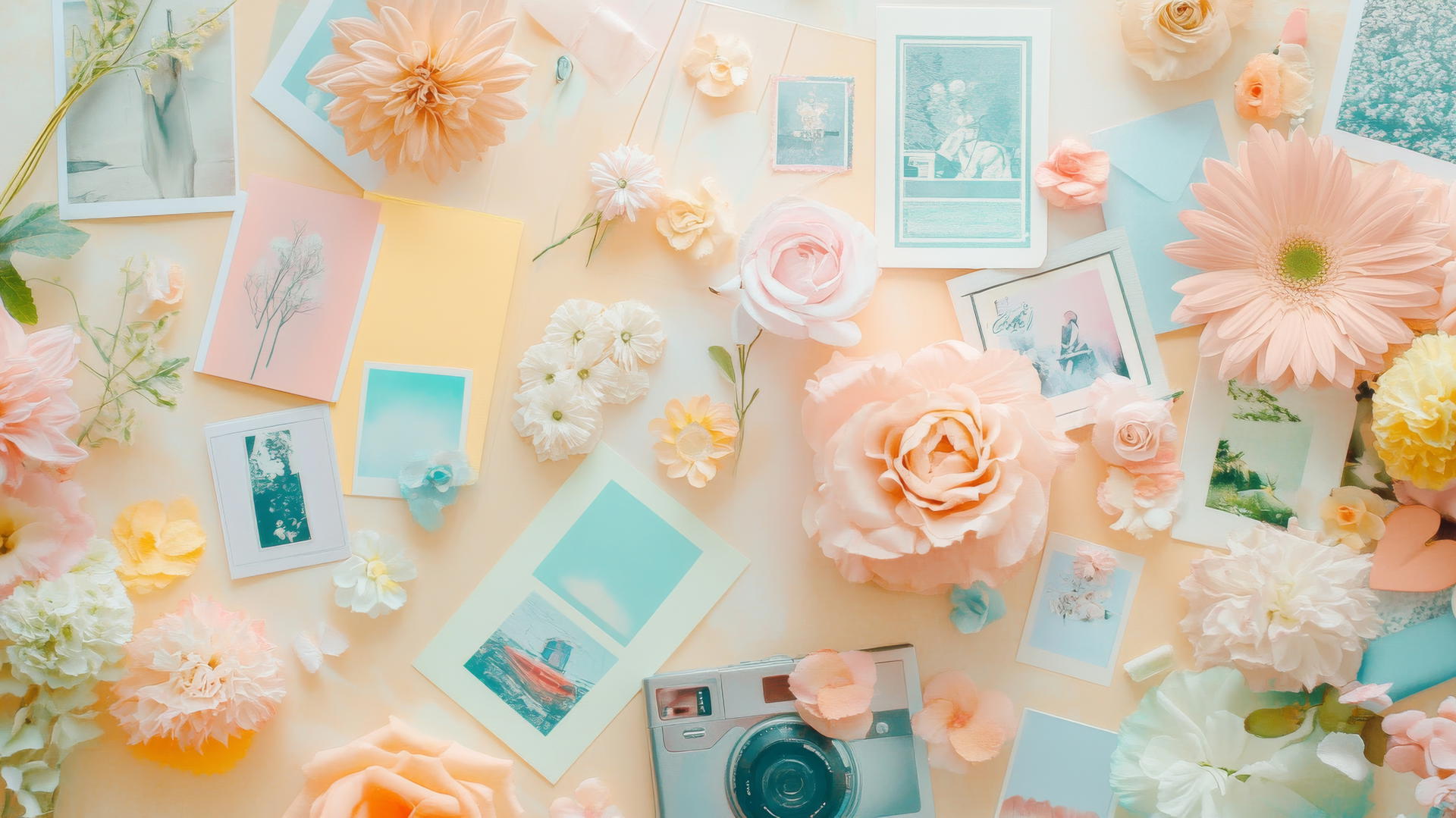 cute aesthetic wallpapers with pastel collage of polaroids, sticky notes, flowers, and postcards