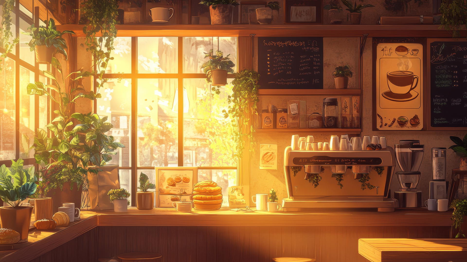Cute aesthetic wallpapers with cozy coffee shop scene, doodles of coffee cups, pastries, plants