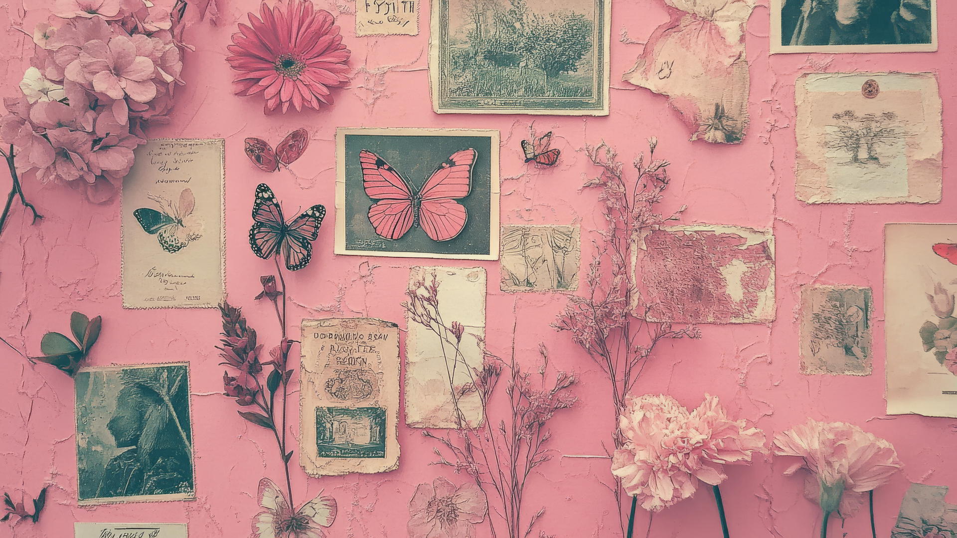 Cute pink aesthetic wallpaper with vintage flowers, butterflies, and postcards.
