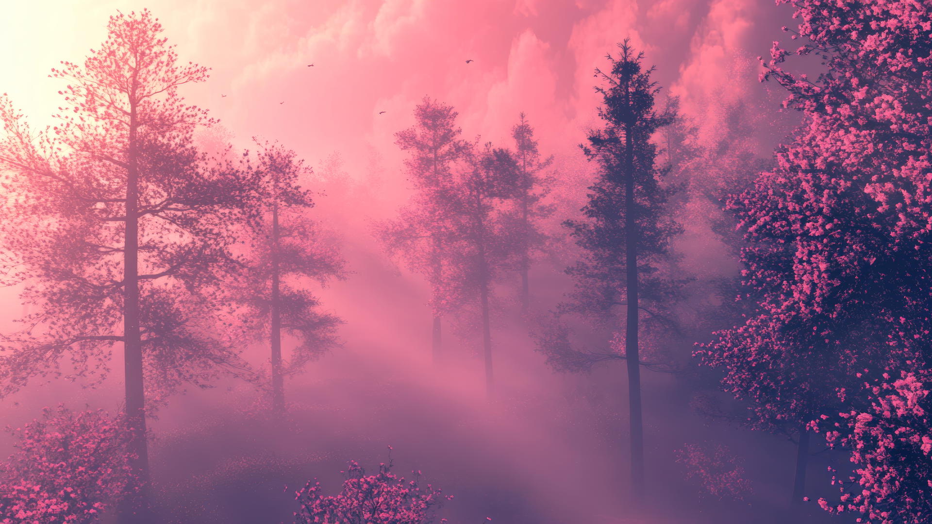 Pink wallpaper aesthetic of a dreamy, pink-hued forest with mist around tall trees.