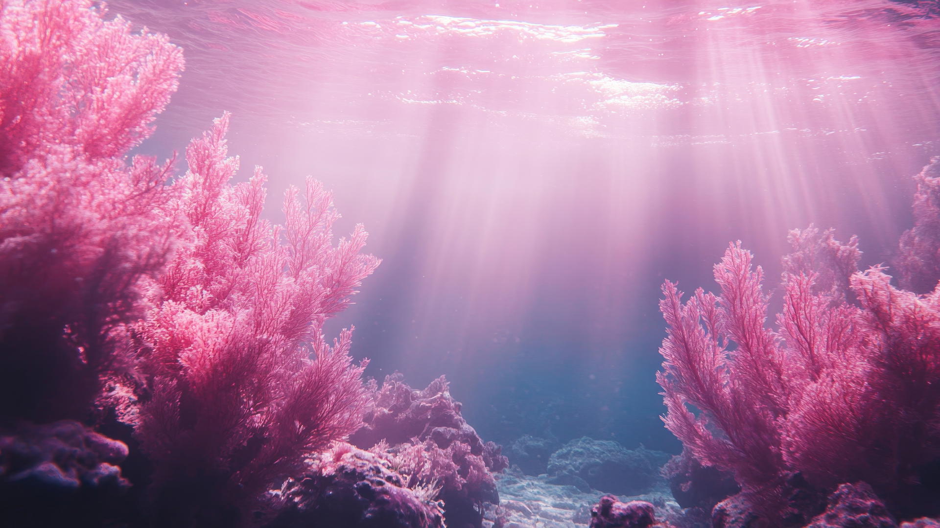 aesthetic pink wallpaper with pink light illuminating coral and seaweed underwater