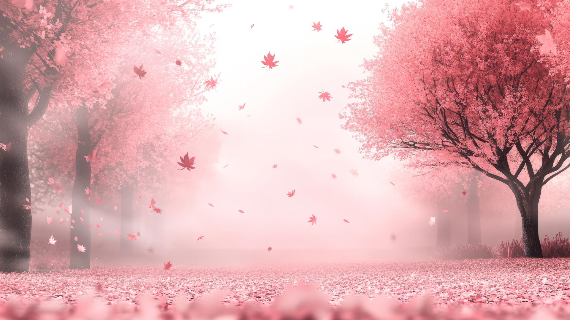 Pink aesthetic wallpaper with falling pink-hued autumn leaves against a soft pink sky.