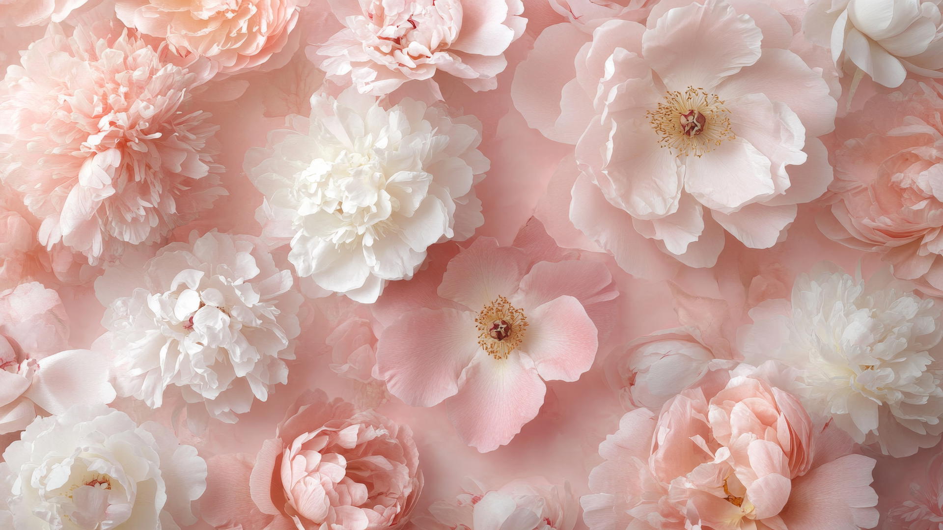 Pink aesthetic wallpaper with peonies and roses on a soft pink background
