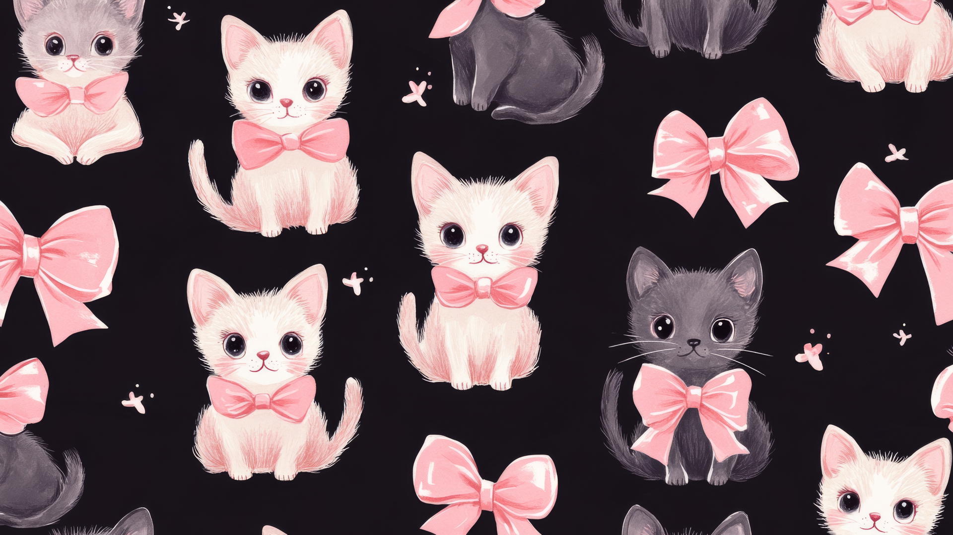 black wallpaper for girls with pink kittens wearing bows