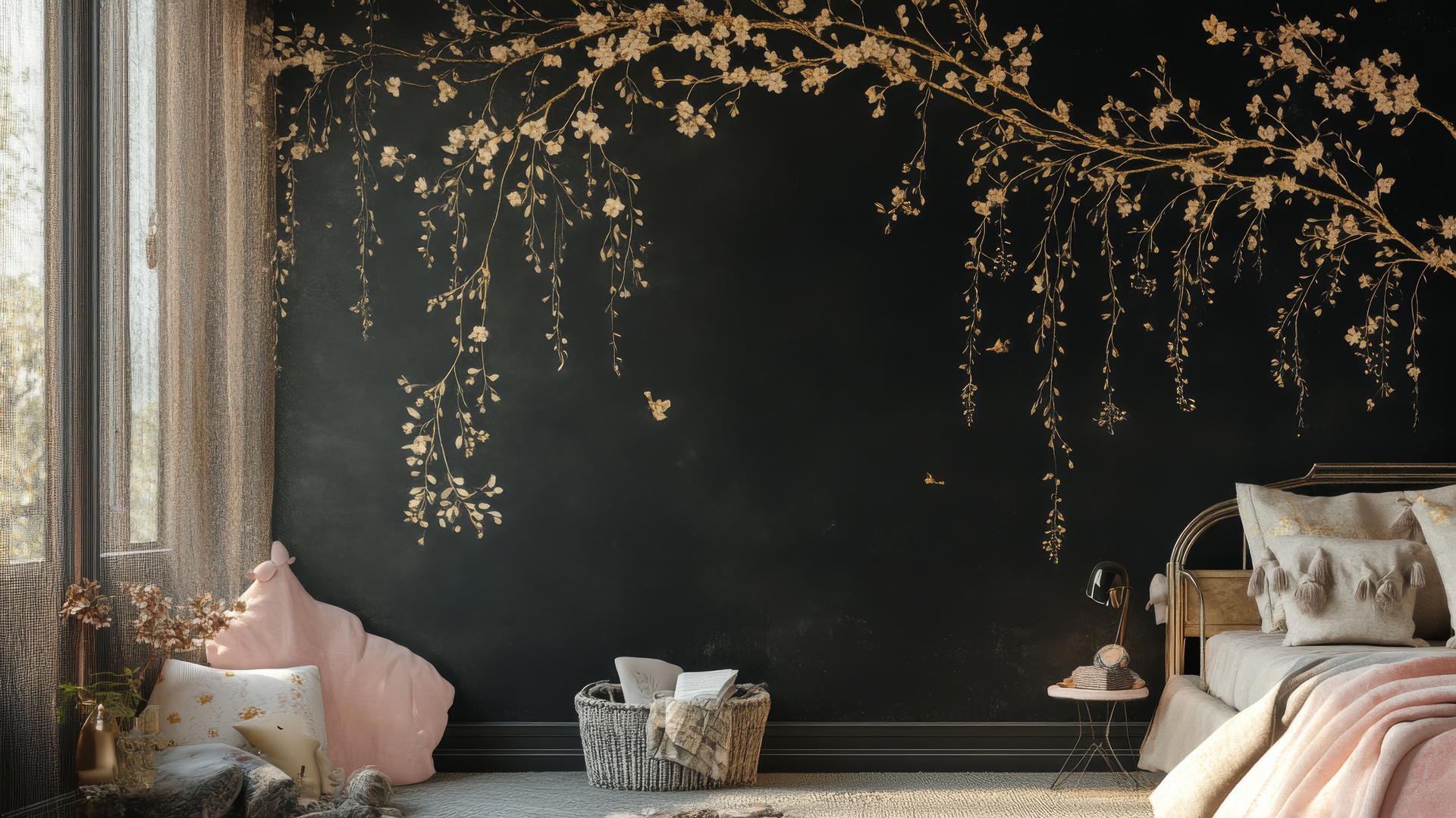 Black wallpaper for girls with delicate vines and muted gold flowers