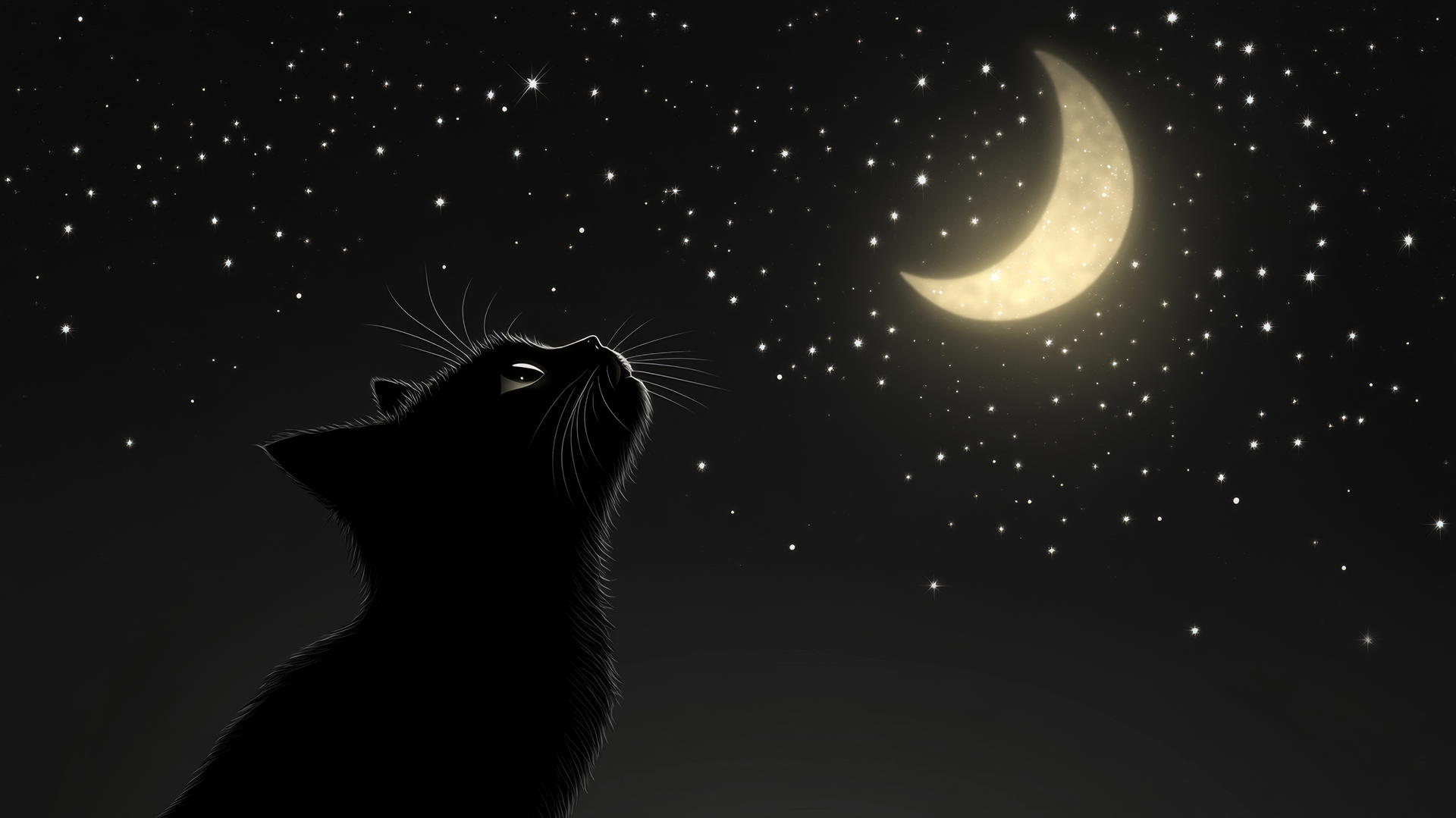 cute black wallpaper with a small glowing moon, tiny sparkling stars, and a silhouette of a cat.