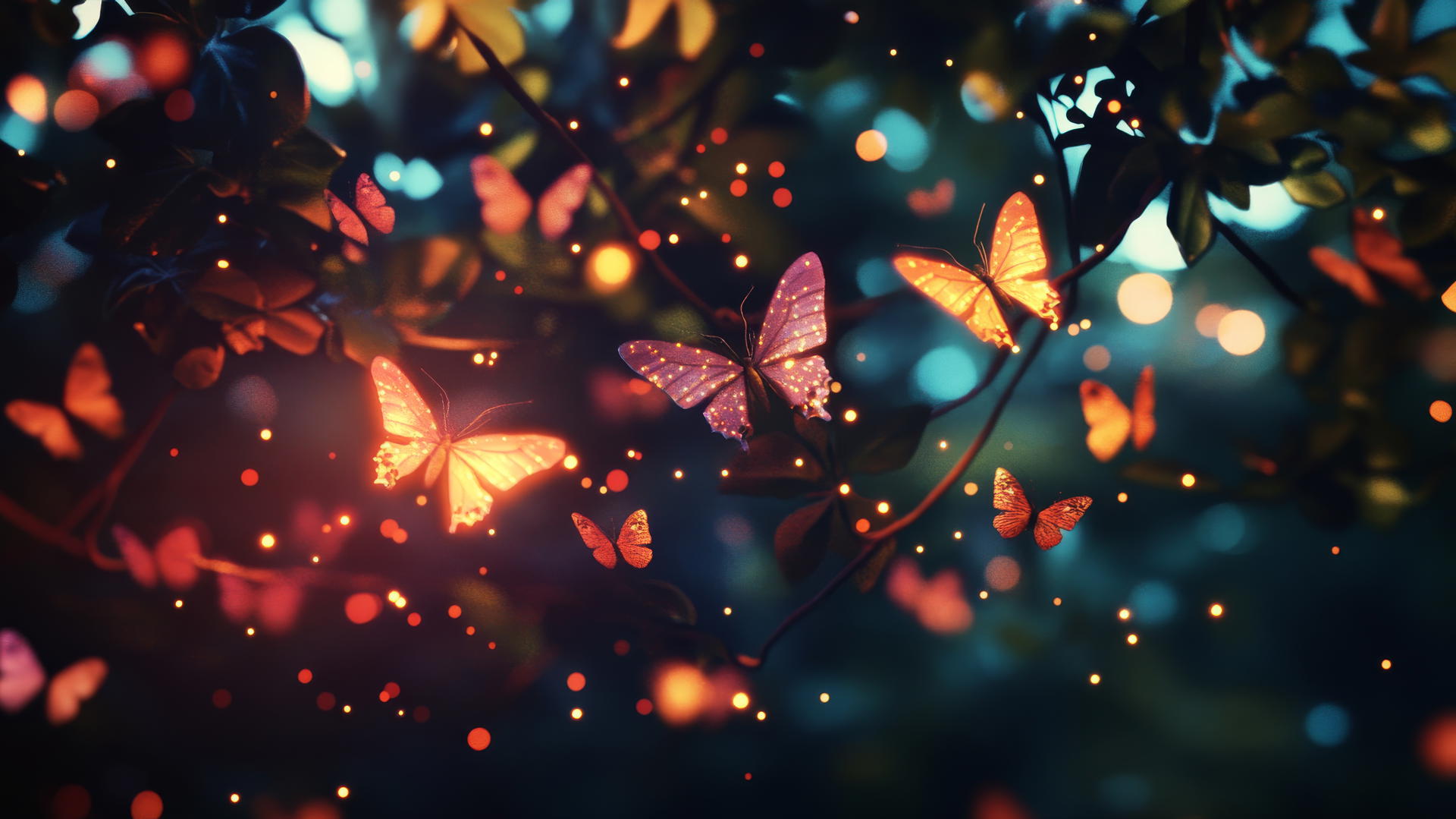 Cute black wallpaper with colorful glowing butterflies in dark forest