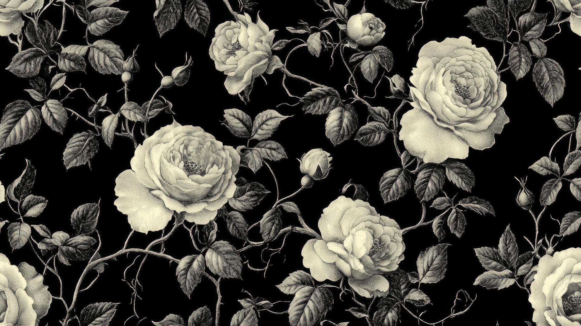 black and white floral wallpaper with intertwined roses and vines