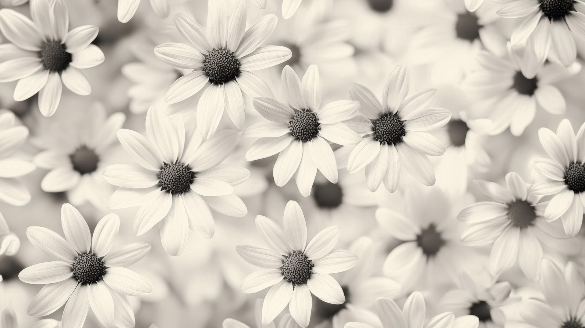 black and white floral wallpaper with whimsical daisies on a soft background