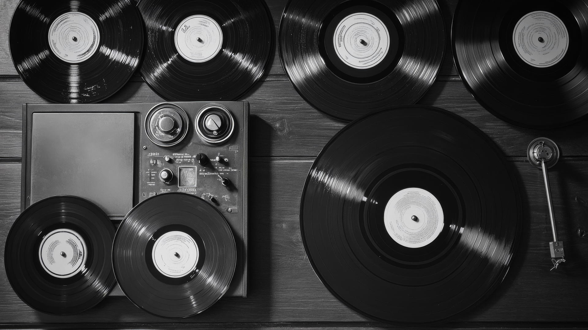 black and white aesthetic wallpaper with vintage vinyl records and turntable