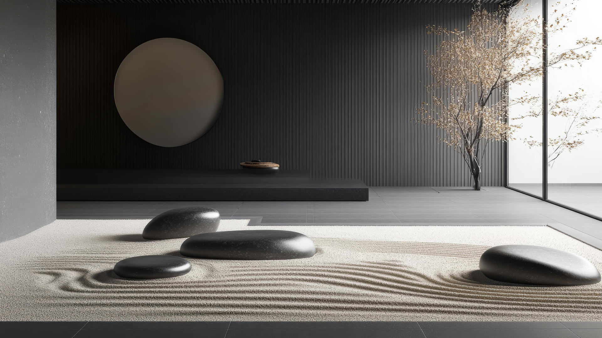 Minimalist zen garden with raked sand and stones, black and white aesthetic wallpaper