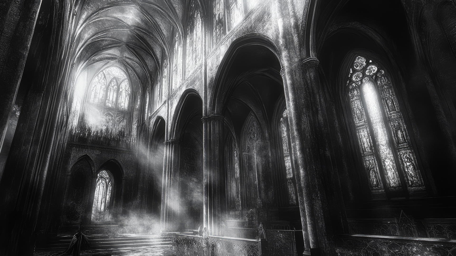 Gothic cathedral interior with arches and stained glass windows in black and white wallpaper