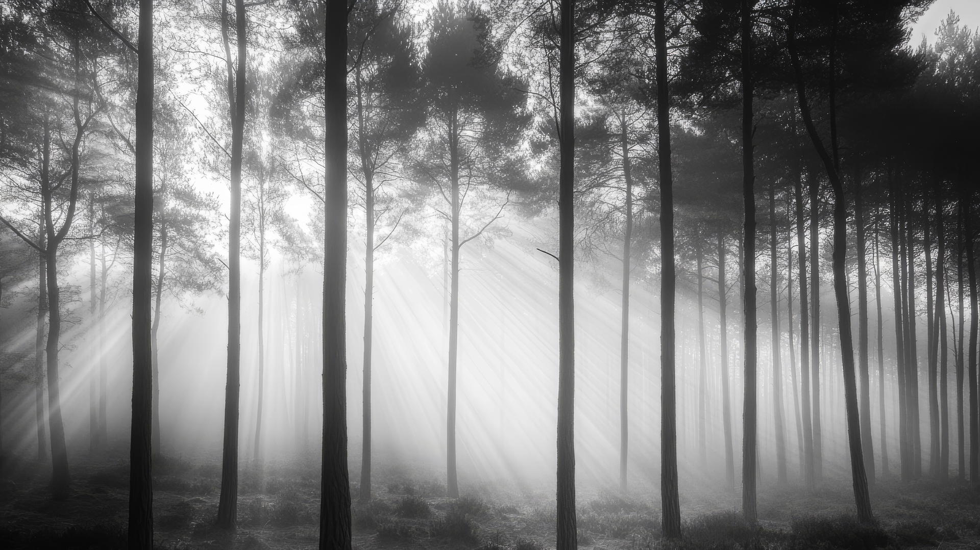 Serene forest with tall trees and mist, black and white wallpaper