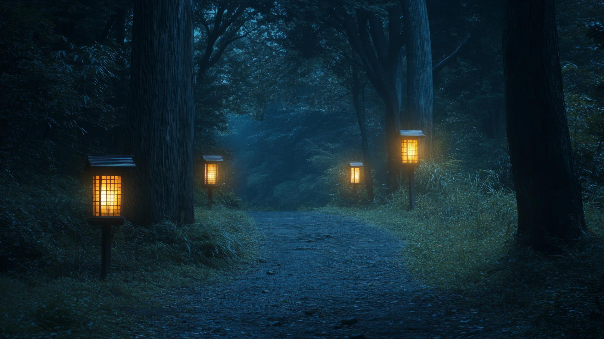 Aesthetic wallpaper black: serene forest path with glowing lanterns
