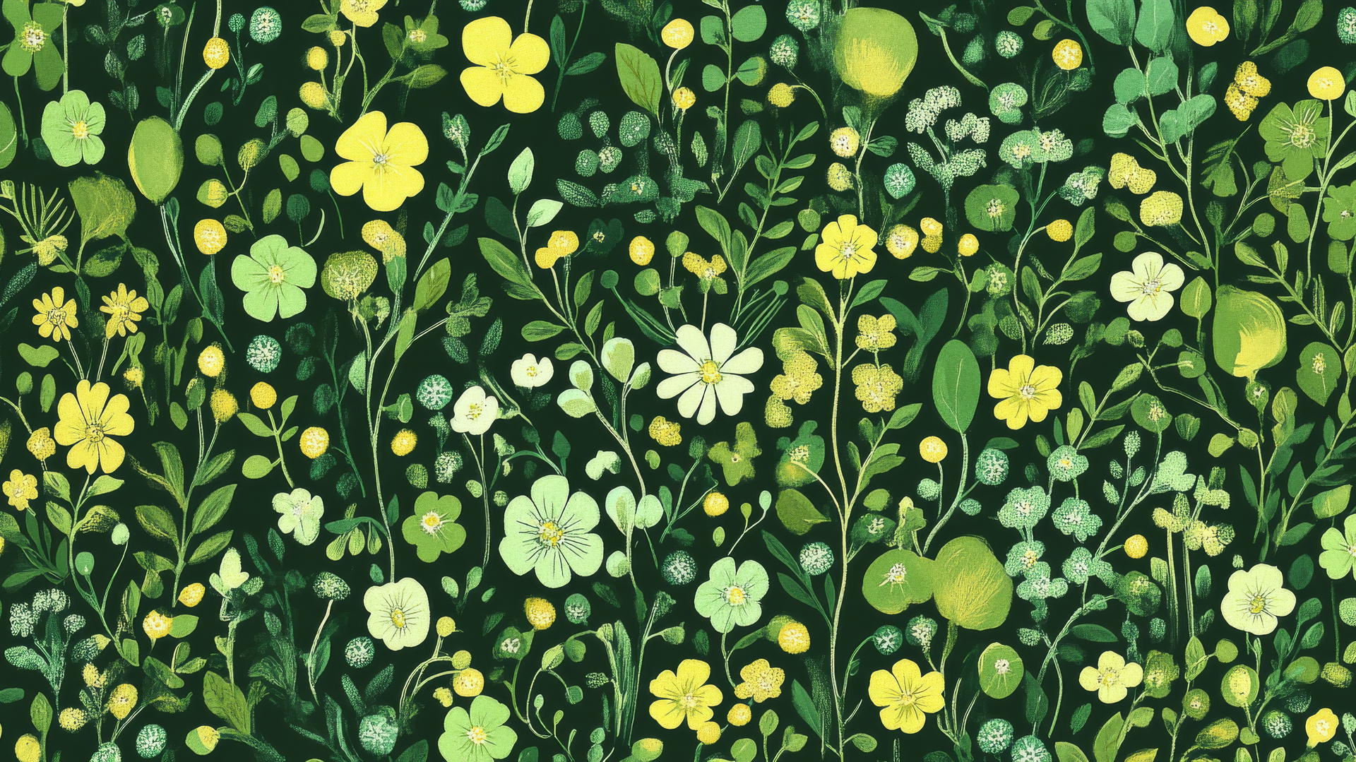green floral wallpaper with cartoon-style flowers and vines