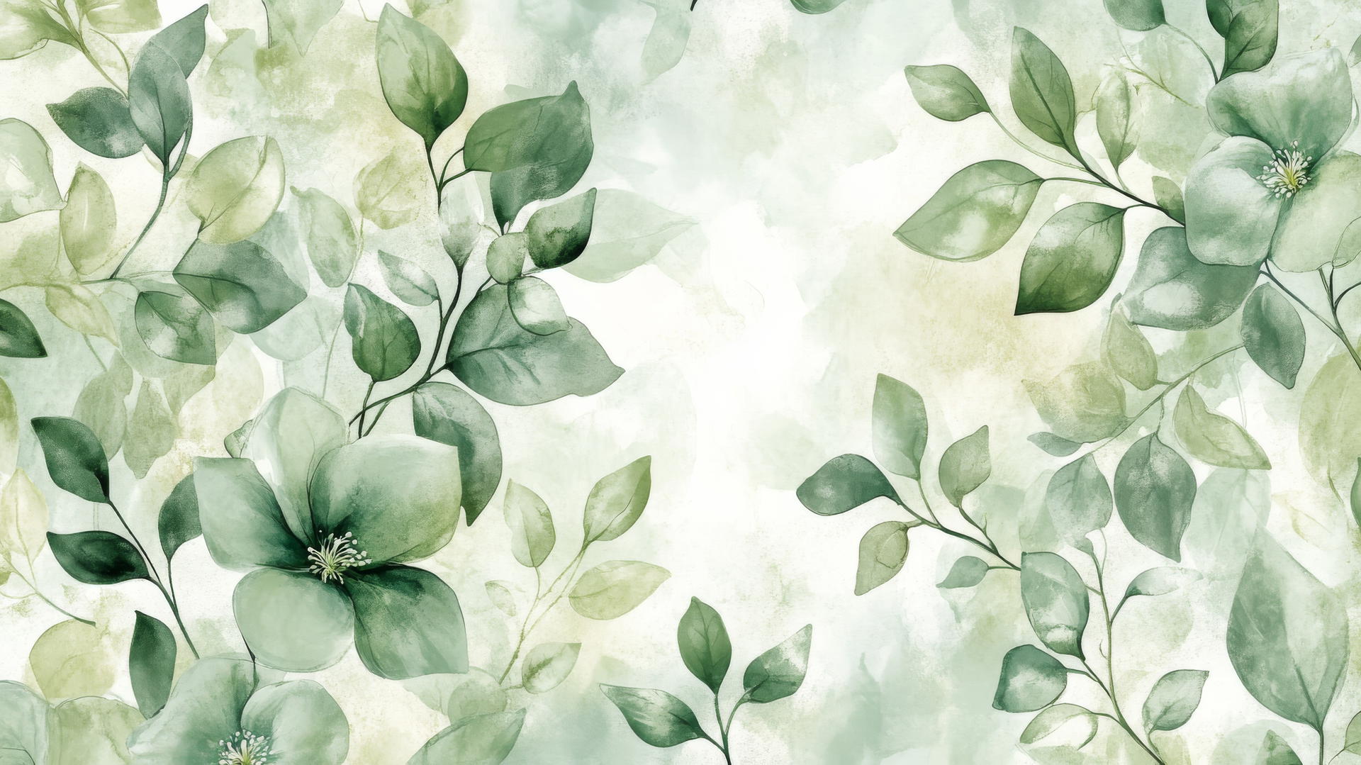 green floral wallpaper with large watercolor leaves and pastel green blossoms