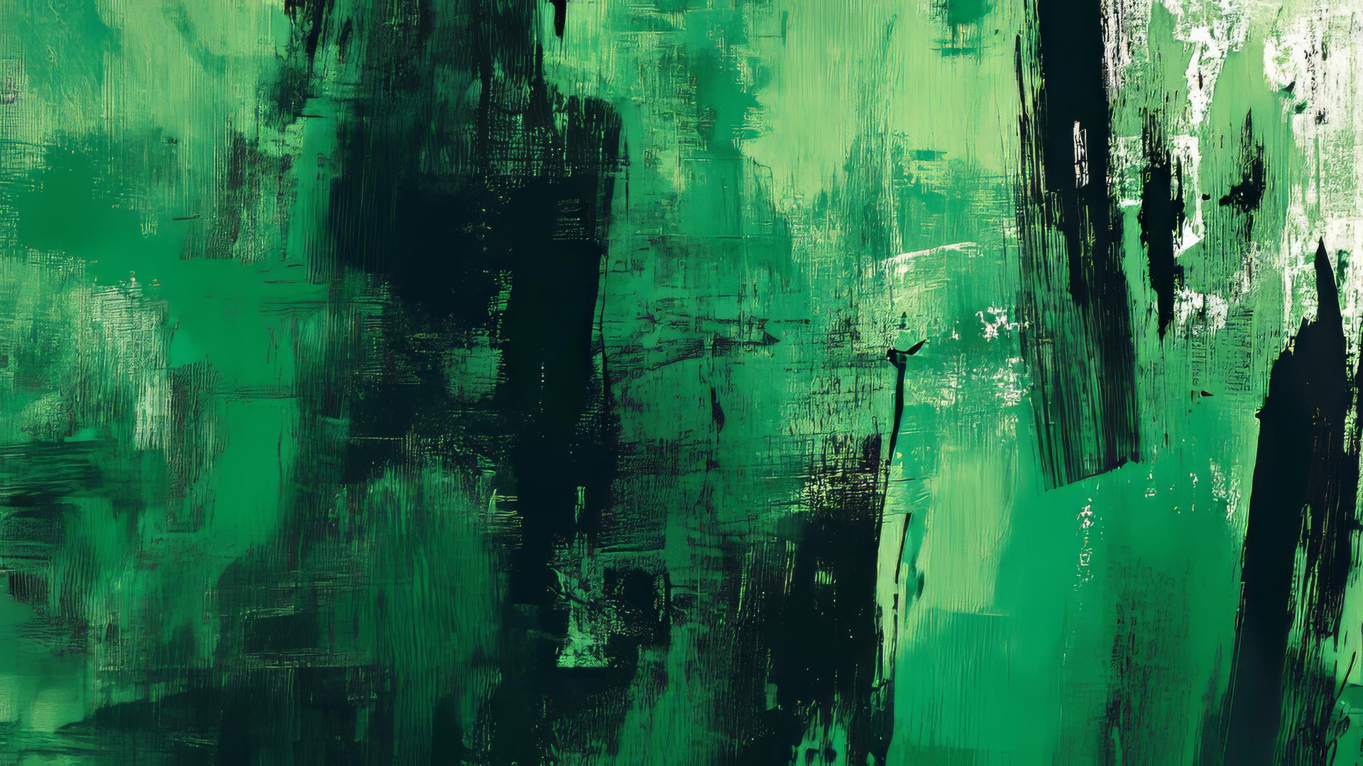 Abstract emerald green wallpaper with bold brushstrokes and splashes of darker green and black