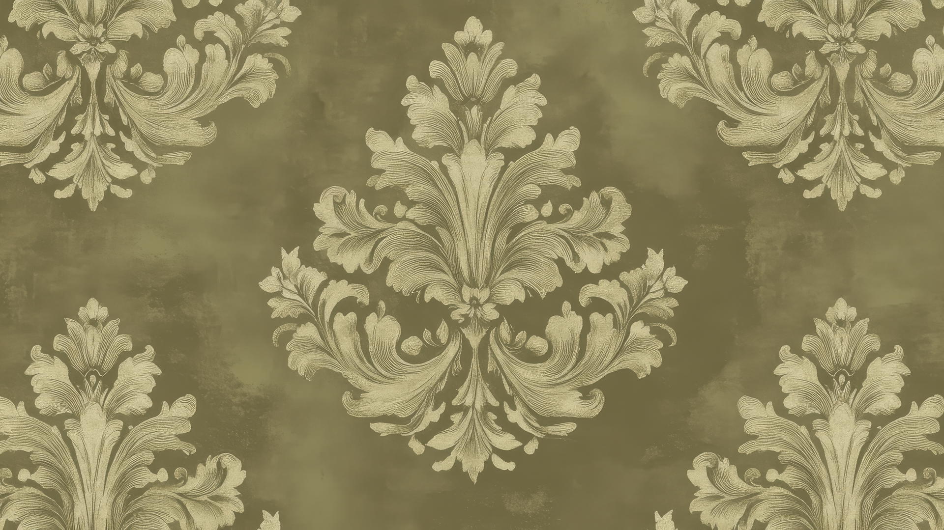 Elegant olive green wallpaper with subtle vintage damask and floral details.