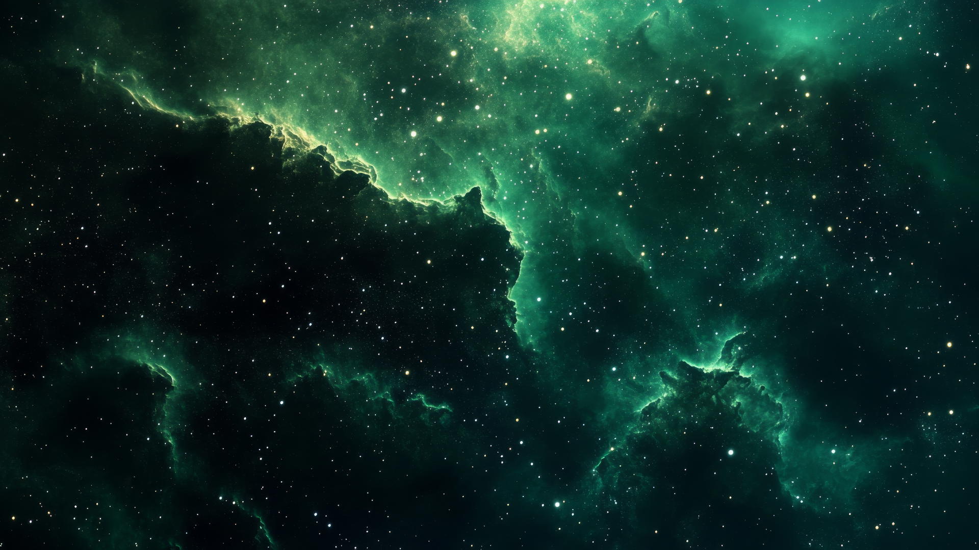 Dark green wallpaper with cosmic dark green nebulae and distant stars in deep space sky