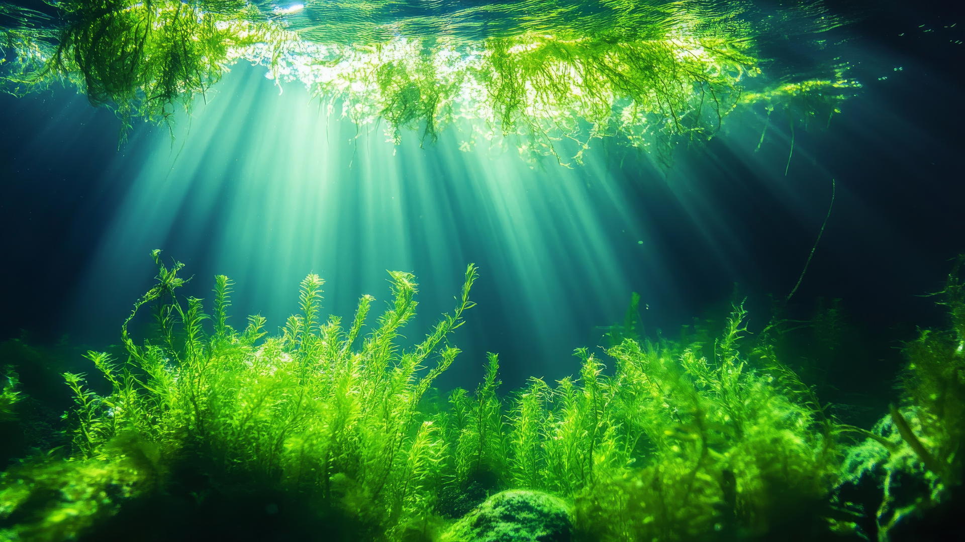 Green wallpaper depicting underwater scene with seaweed and sunlight