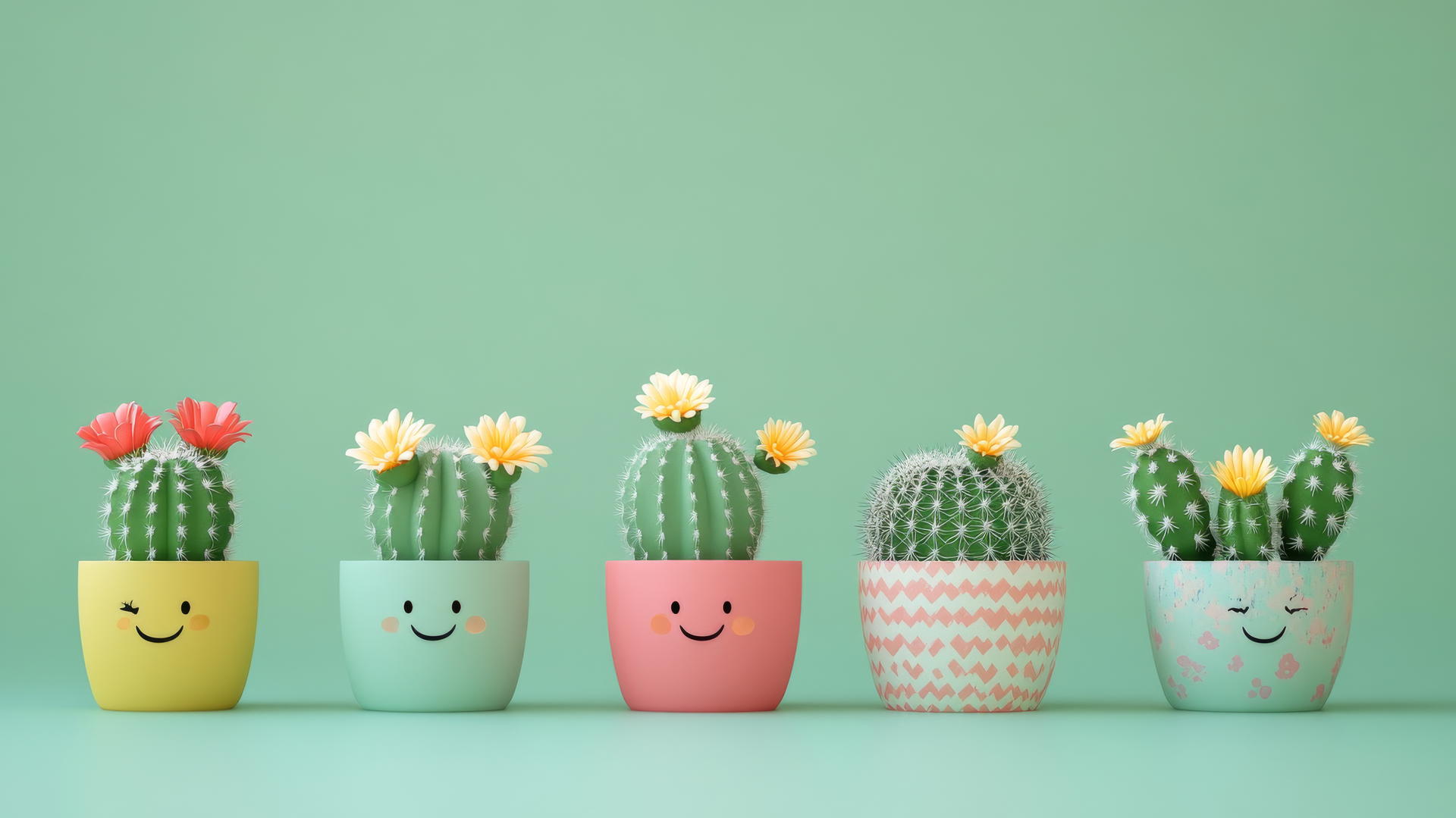 Cute green wallpaper with smiling cacti in colorful pots against light green background