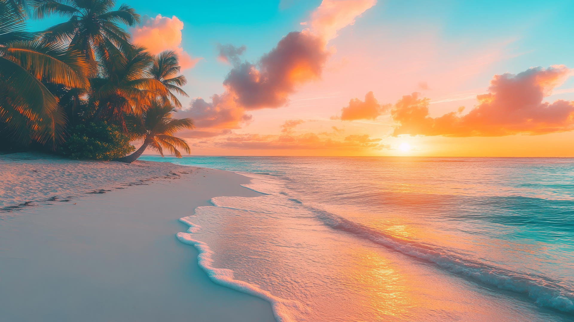 A vibrant tropical beach with turquoise waters, white sand, and swaying palm trees under a radiant sunset. beautiful nature wallpaper 4k