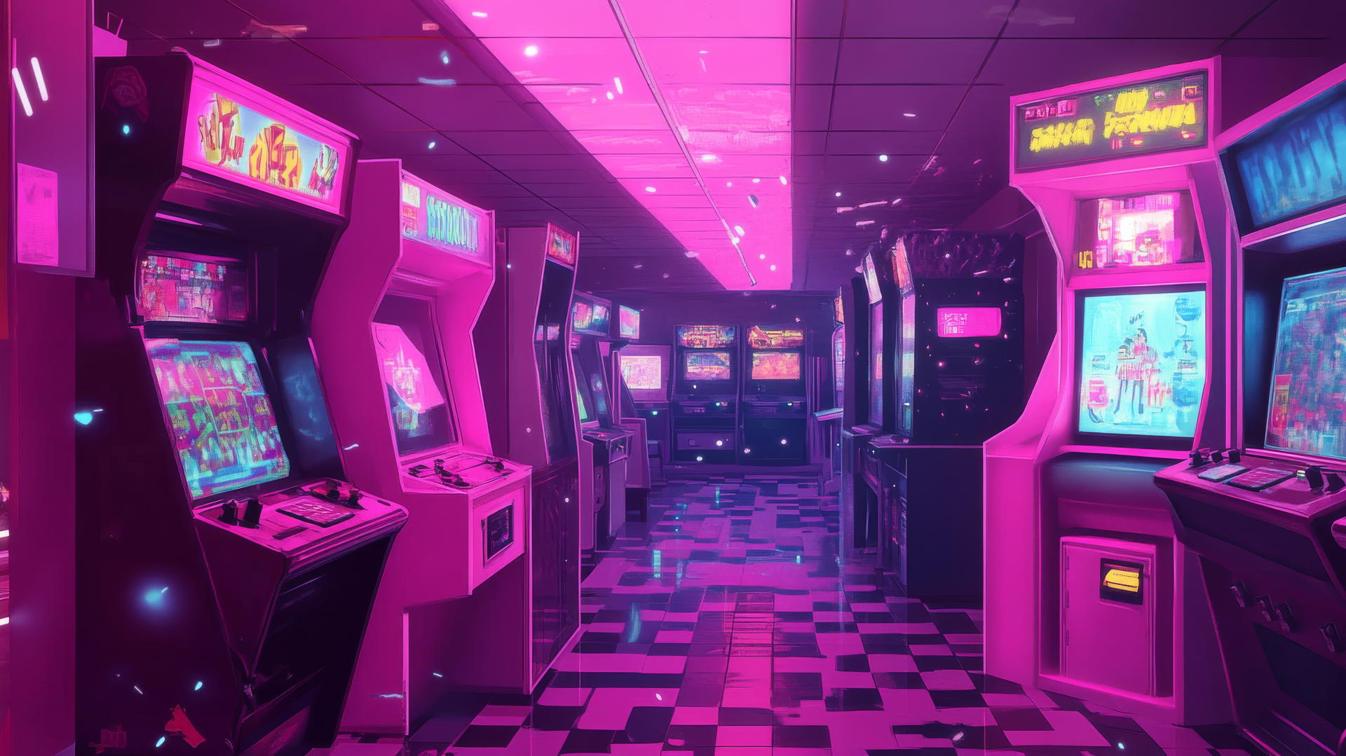 pink y2k wallpaper with neon pink arcade machines and pixelated characters