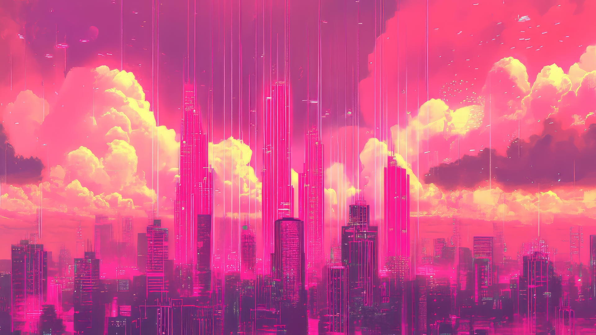 Pink Y2K wallpaper with neon skyscrapers, pixel clouds, and glitchy rain