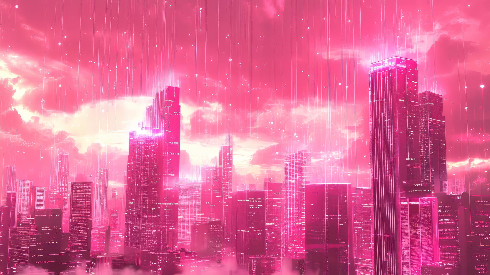 pink y2k wallpaper with neon pink skyscrapers, pixelated clouds, and glitchy digital rain