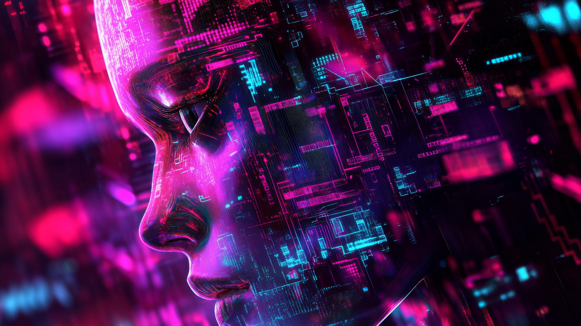 cyber y2k wallpaper with a glitchy digital face of neon circuits