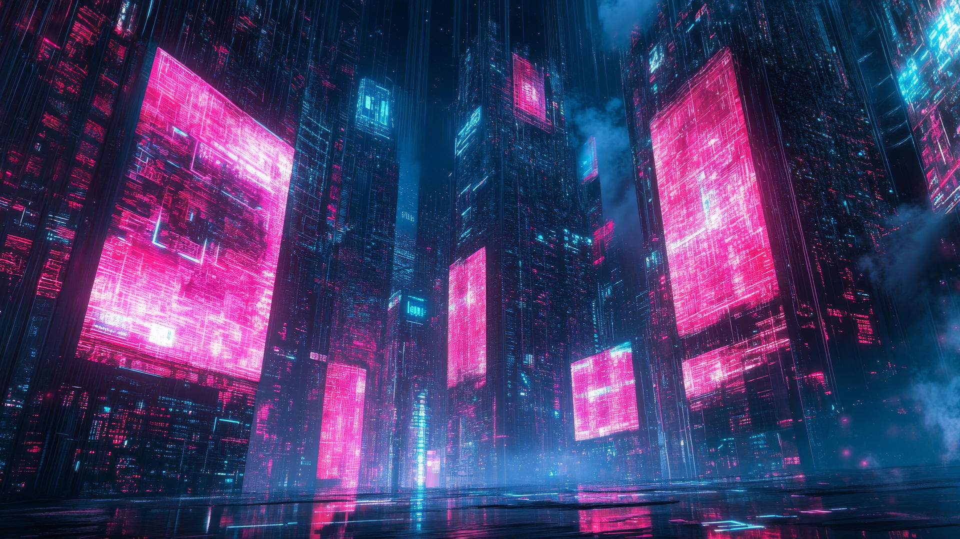 cyber y2k wallpaper with neon-lit digital city, holographic skyscrapers, and digital billboards