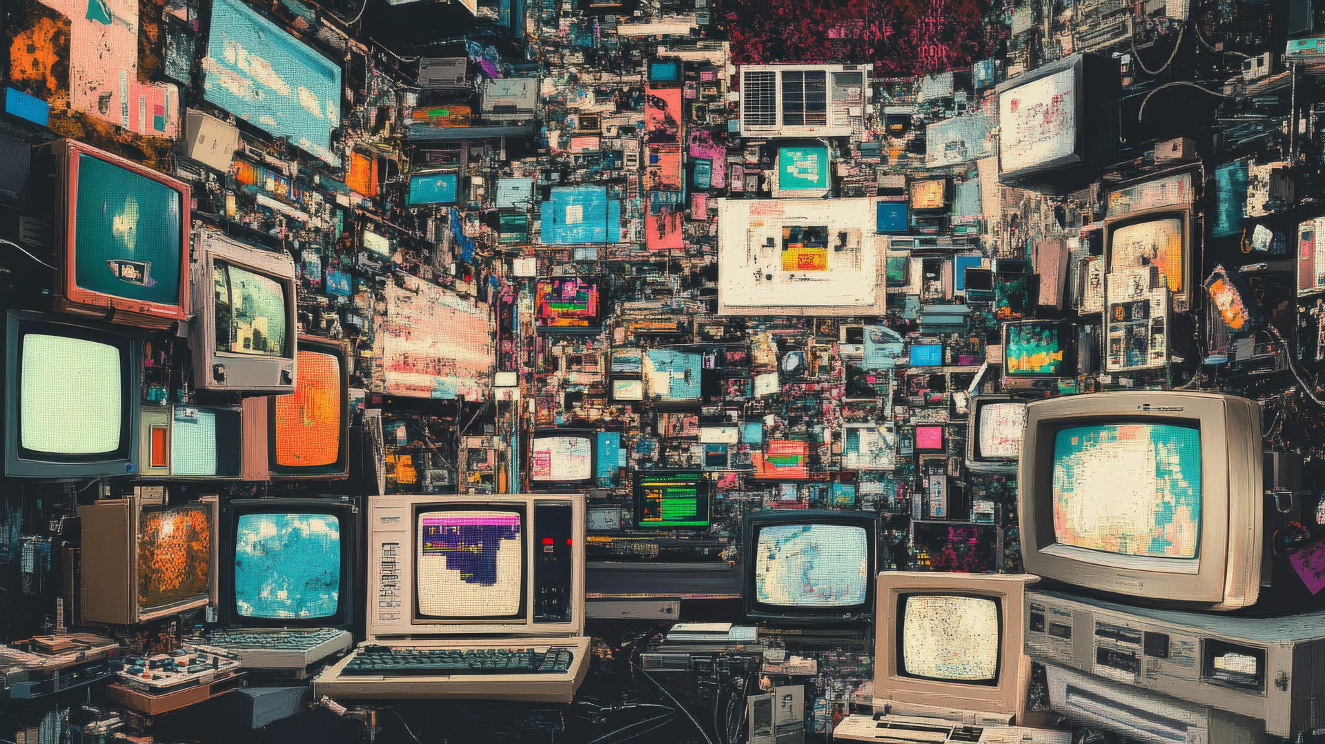 Y2K wallpaper with retro browser windows, pixelated emoticons, pop-up ads