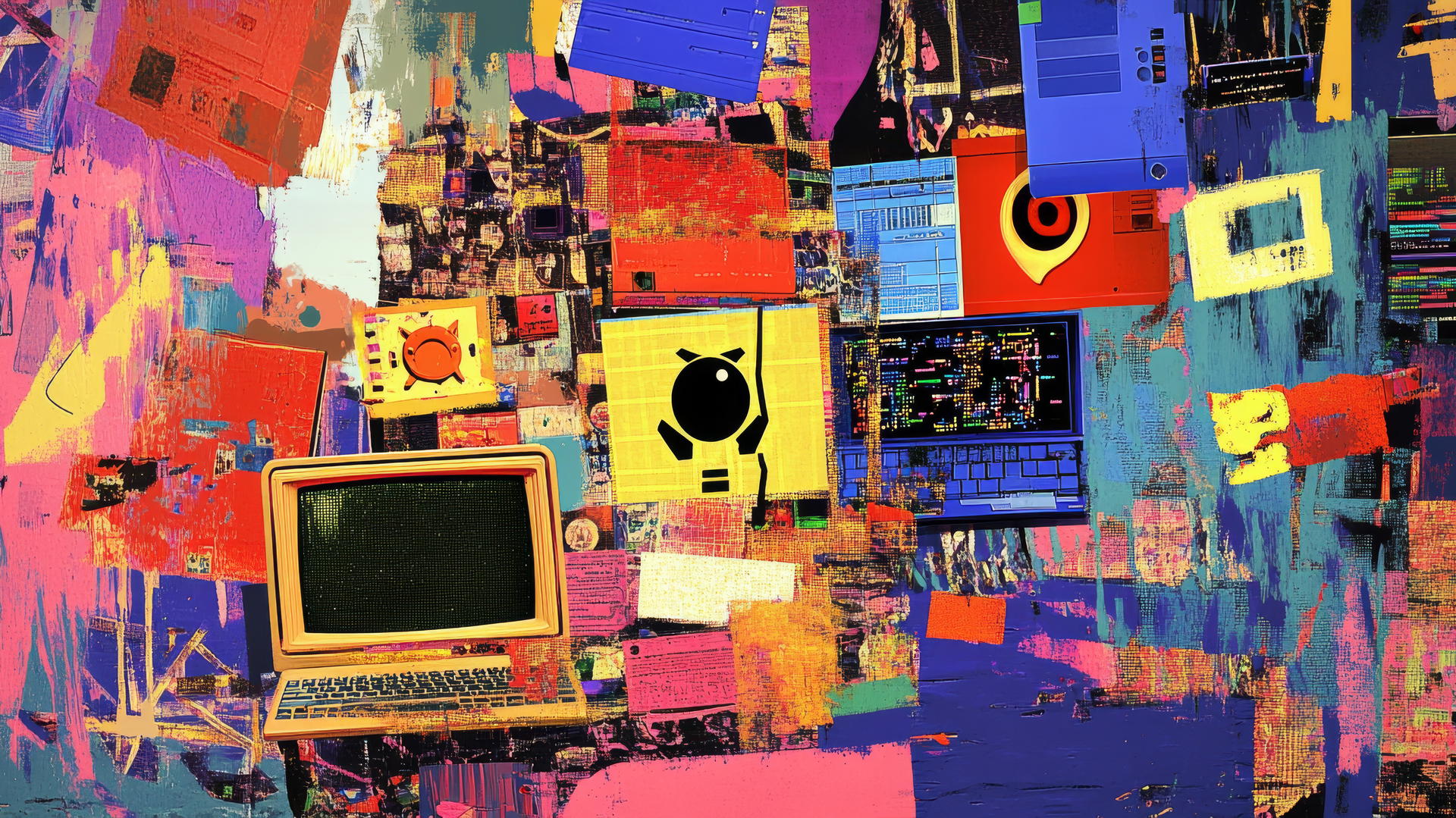 wallpaper y2k with retro browser windows, pixelated emoticons, pop-up ads