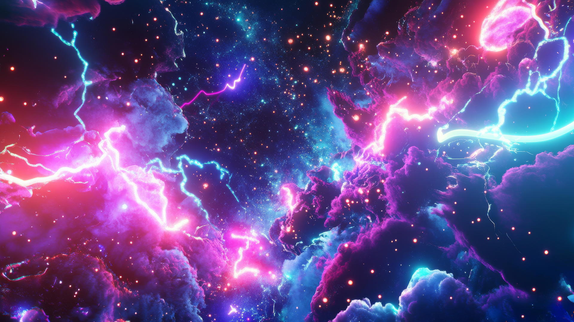 Energetic Y2K wallpaper with glitch effects, neon lightning bolts, and pixelated starbursts on a dark background.