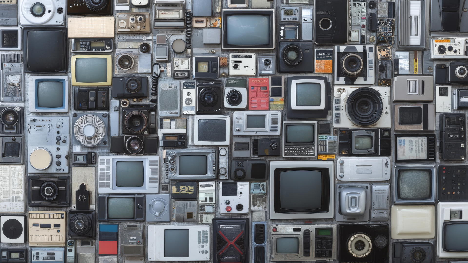 Y2K wallpaper with early 2000s tech gadgets collage on metallic silver background