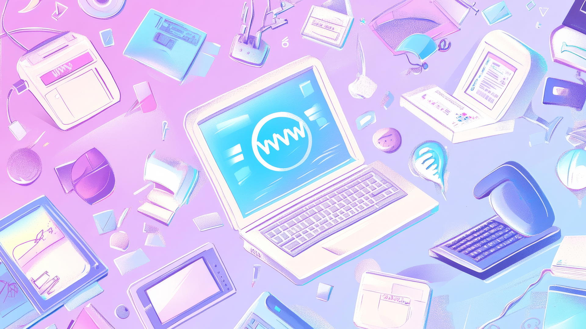 Y2K wallpaper with vintage computer icons, pixelated graphics, early internet symbols on pastel gradient background
