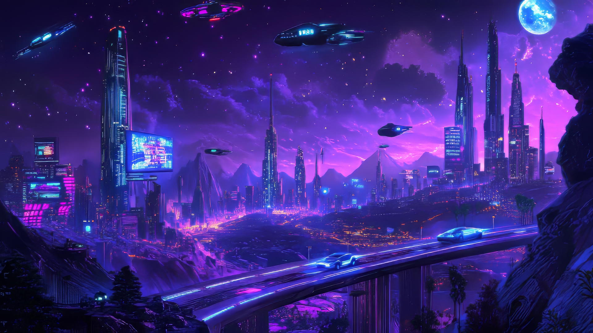 Futuristic Y2K wallpaper with neon cityscape, glitchy graphics, and flying cars.