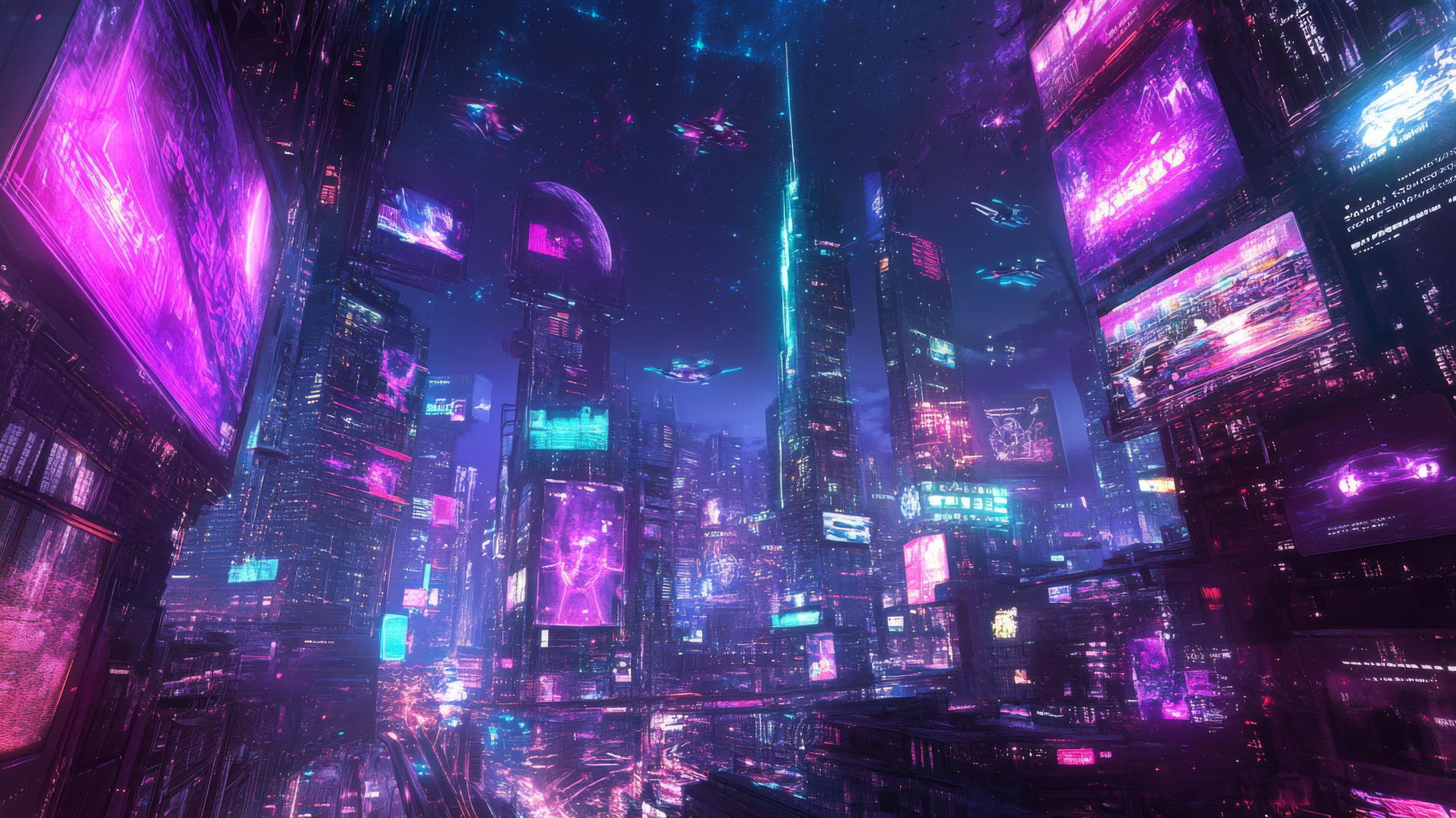 y2k wallpaper with a neon-lit cityscape, glitchy digital billboards, and flying cars