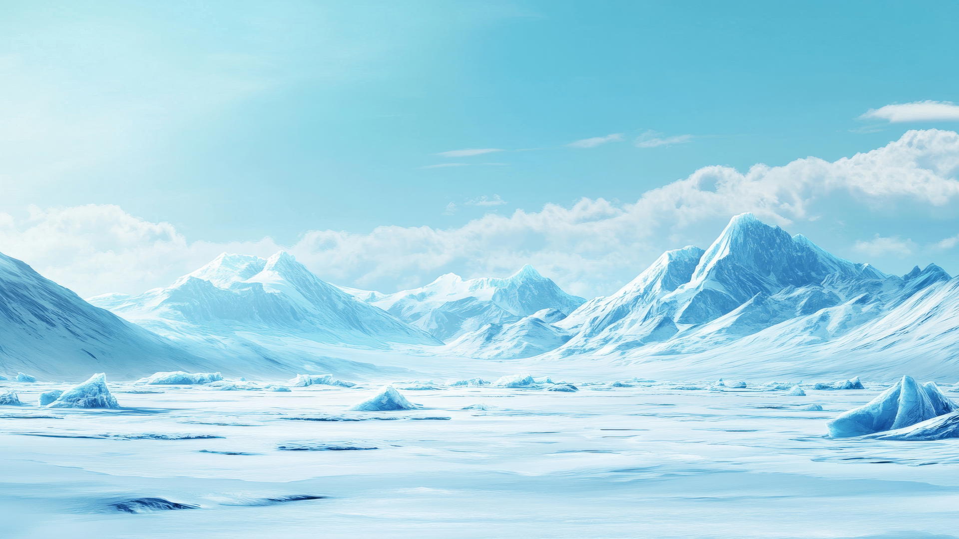 blue wallpaper with winter landscape, icebergs, snow-covered mountains, pale blue sky