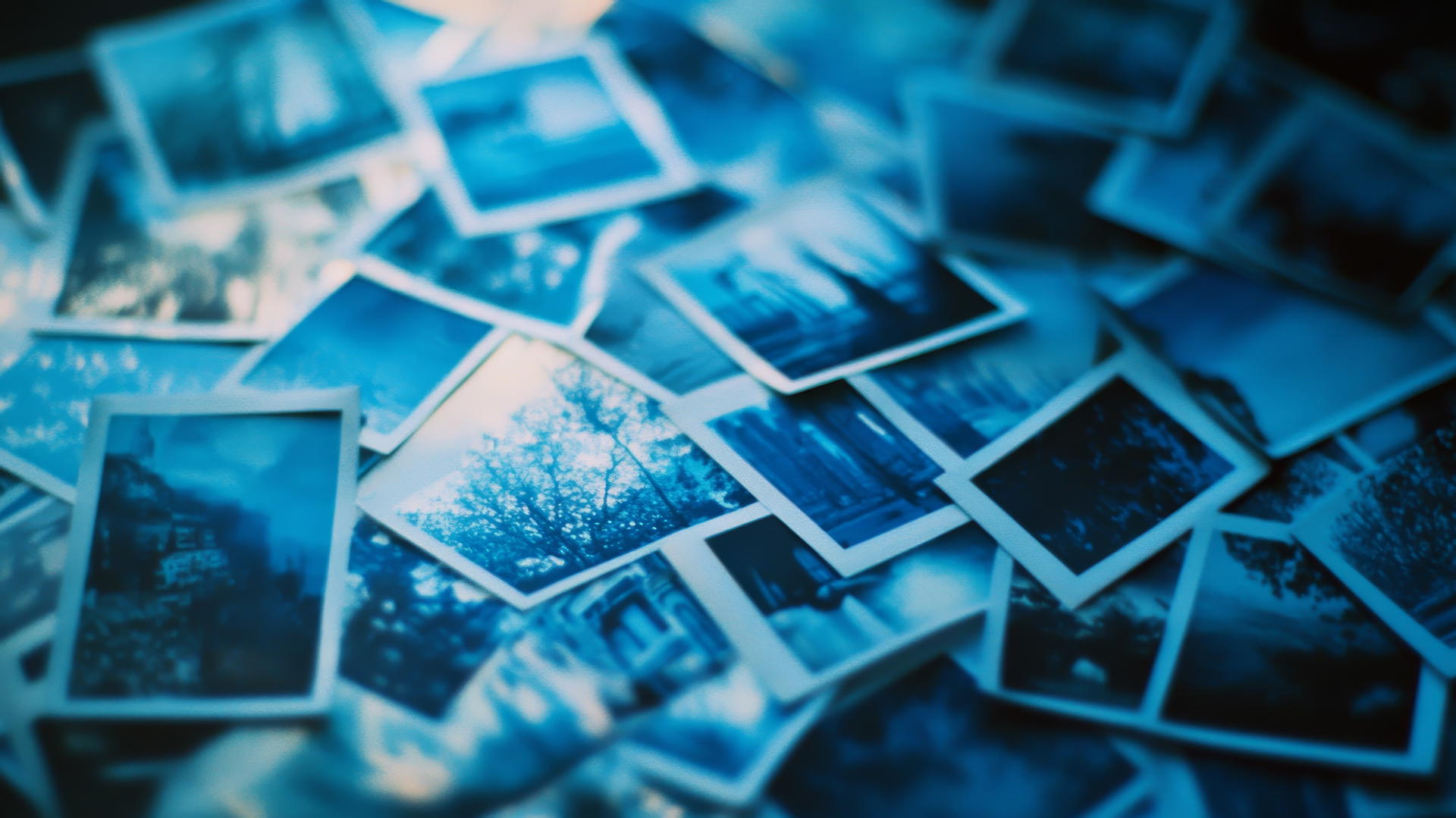 blue aesthetic wallpaper with vintage Polaroid photo collage