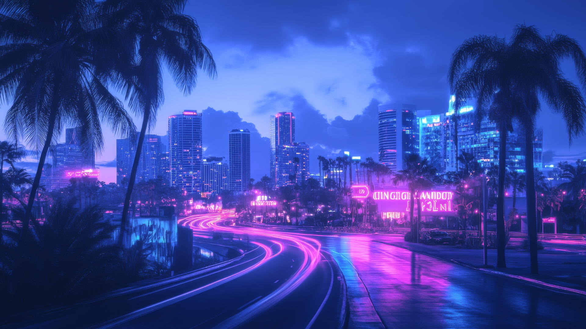blue aesthetic wallpaper with vaporwave cityscape, palm trees, neon signs, retro futuristic feel