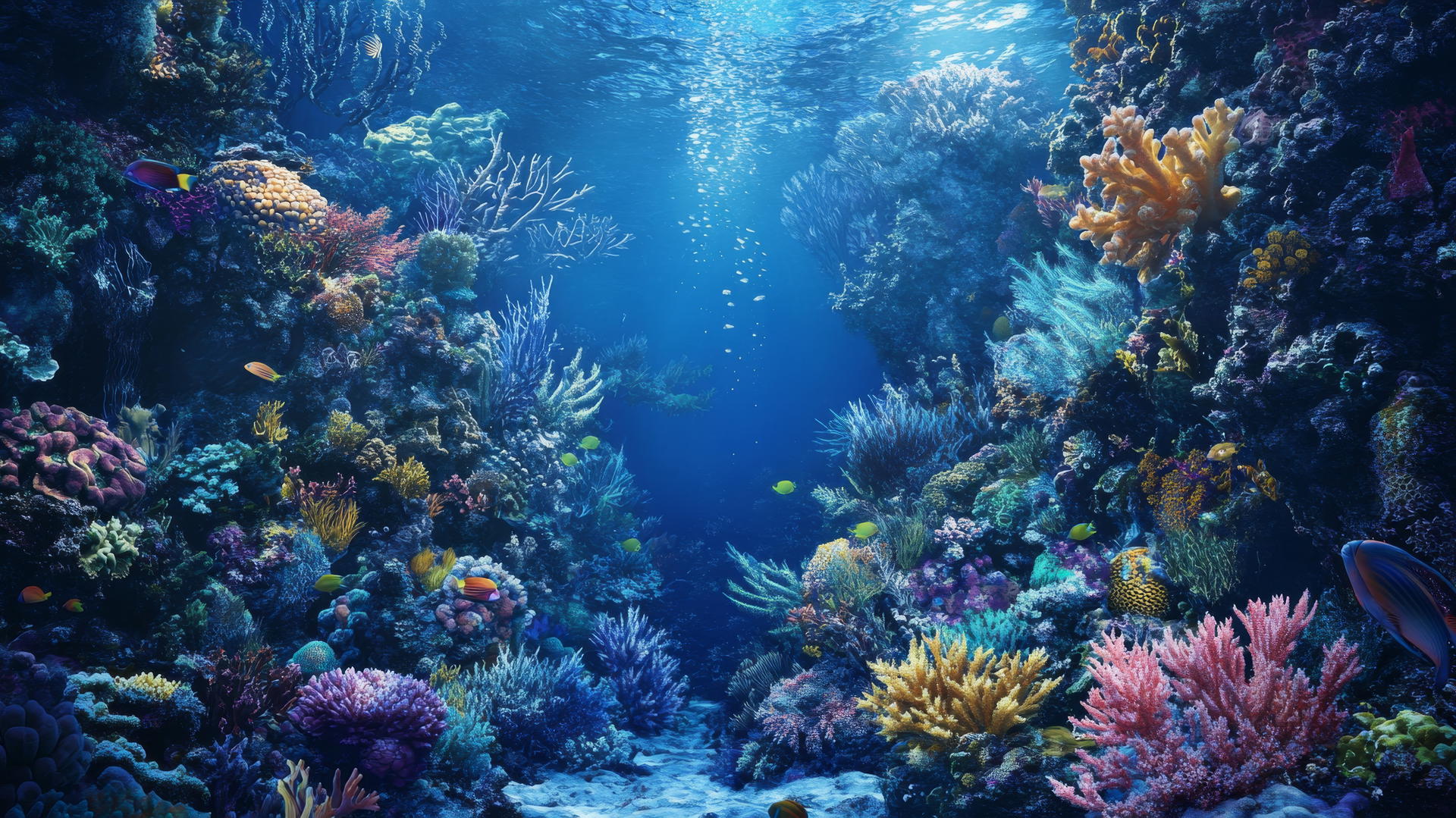 navy blue wallpaper of an underwater coral garden with diverse coral formations and marine life