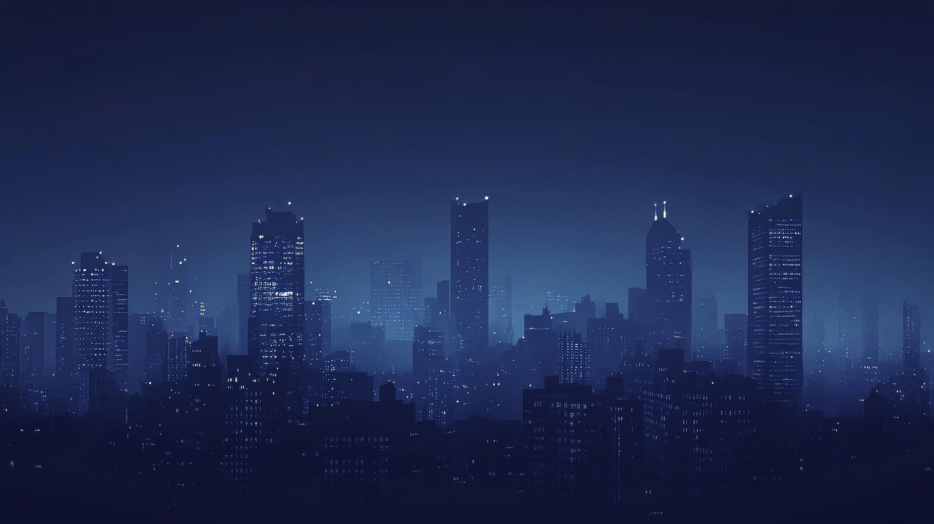 navy blue wallpaper of a city skyline silhouette at twilight with glowing skyscraper lights