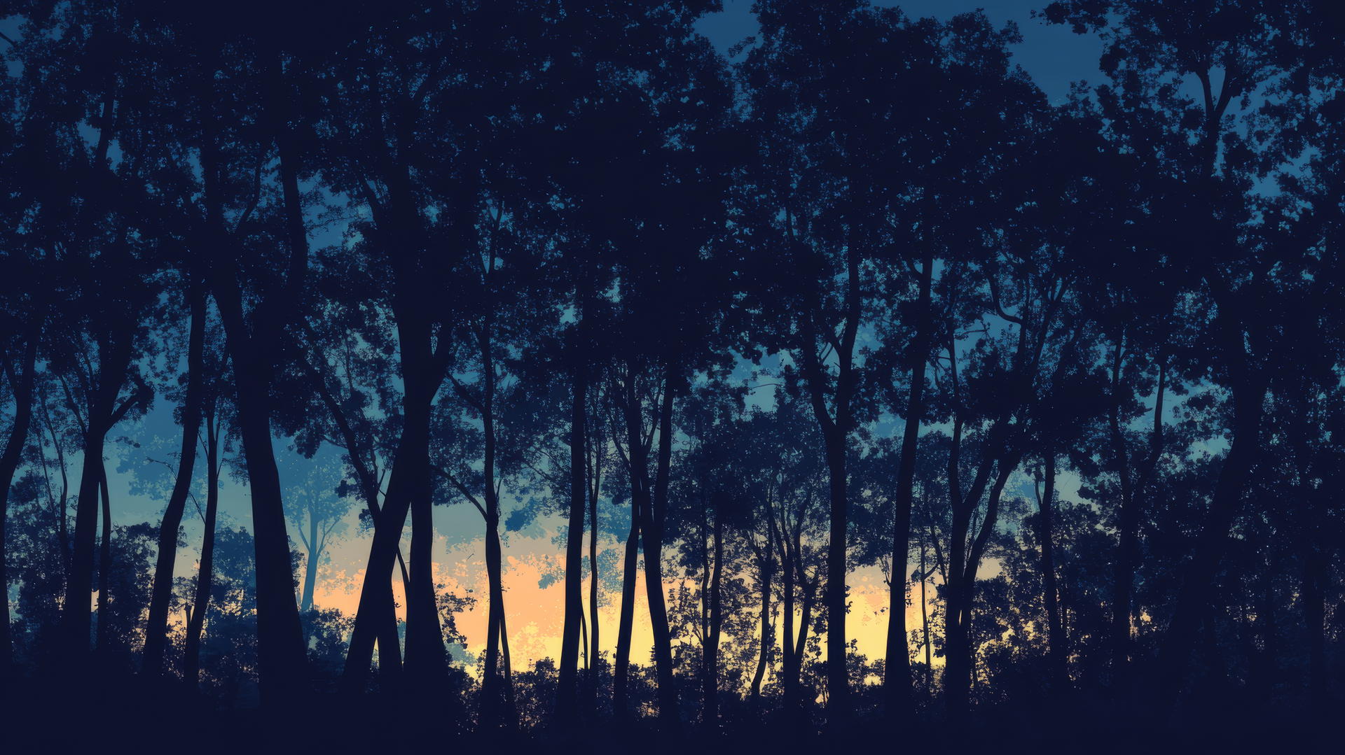 Navy blue wallpaper with tree silhouettes against a dusk sky